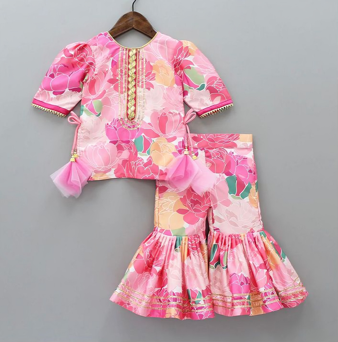 Petal Magic Frock & Bell Bottom Set for Girls – Floral Festive Wear 1909