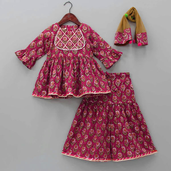 Vibrant Blossom Ensemble: Multicolor Floral Full sleeve tops with Sharara And Matching Dupatta 1906