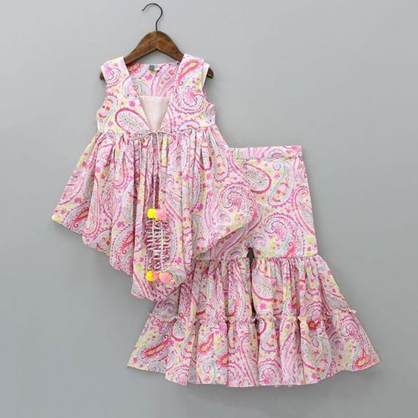 Vibrant Blossom Ensemble: Multicolor Floral Full sleeveless tops with Sharara Party Dress 1907