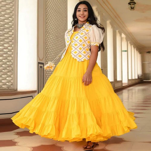 New Arrival Exclusive Indian Flower Koti gown Yellow 1715