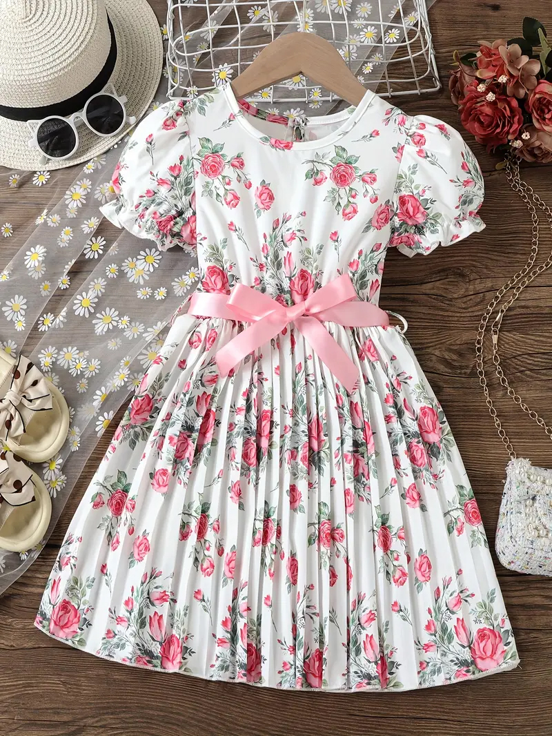 Girls' Floral Dress Puff Sleeve & Smocked Fitted Style for Casual Parties Party Dress For Baby Girls 1735