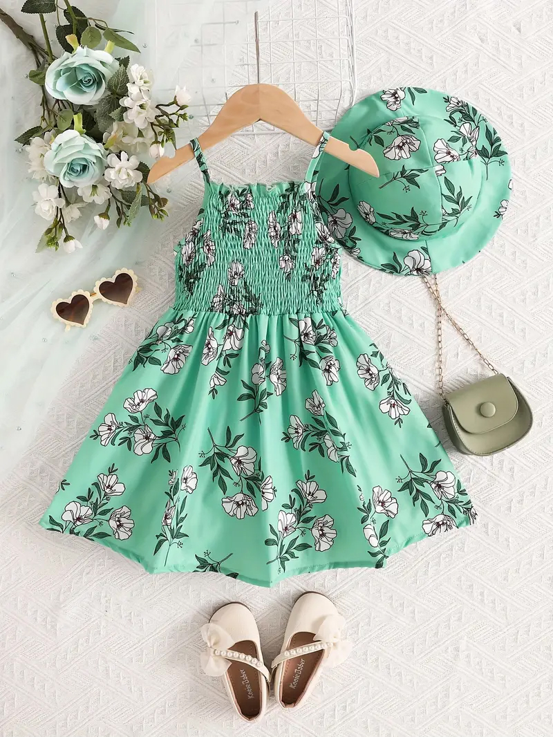 Baby Girl Floral Print Bow Front Cami Dress & Hat, (Baby Jama And Tupi) 1754