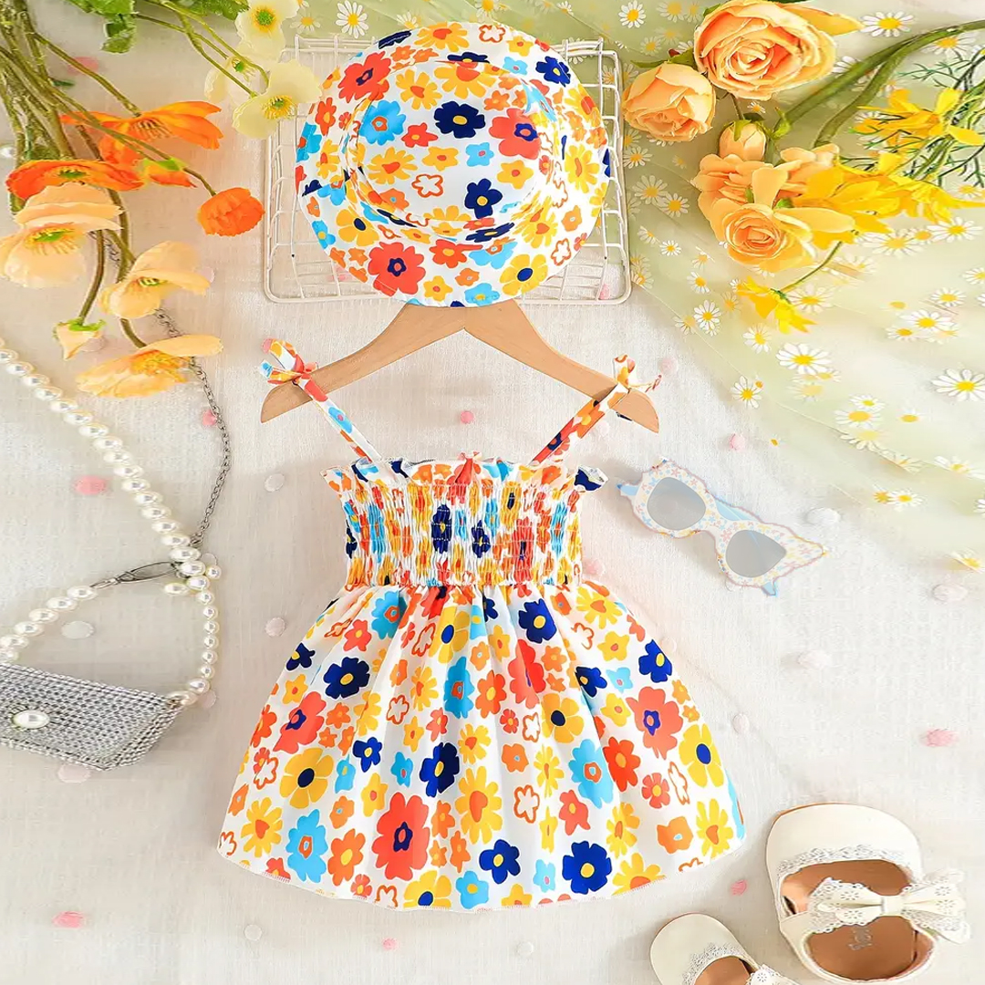 Baby Girl Floral Print Bow Front Cami Dress & Hat, (Baby Jama And Tupi) 1751