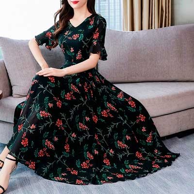 Chines Short Sleeve Long Kurti Black Color 2D Printed
