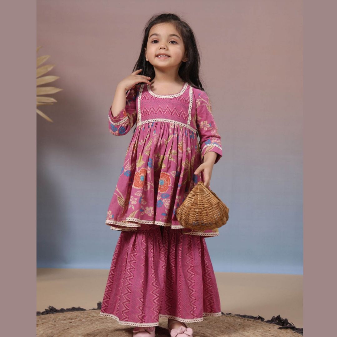 Vibrant Blossom Ensemble: Multicolor Floral Full sleeve tops with Sharara 1711