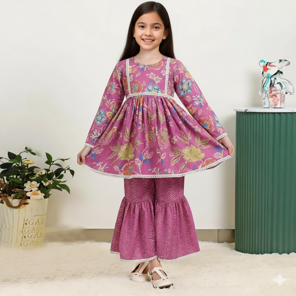 Vibrant Blossom Ensemble: Multicolor Floral Full sleeve tops with Sharara 1717